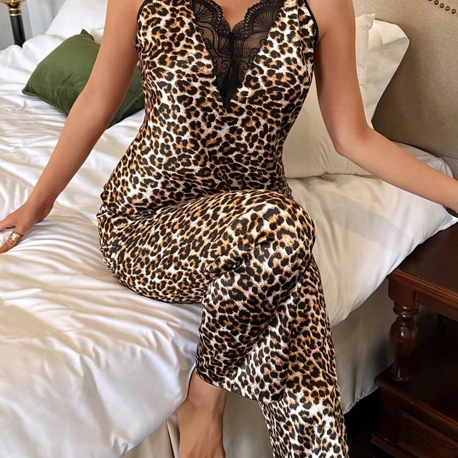 Elastic Lace Trim - Leopard Print Lace Trim Halter Jumpsuit