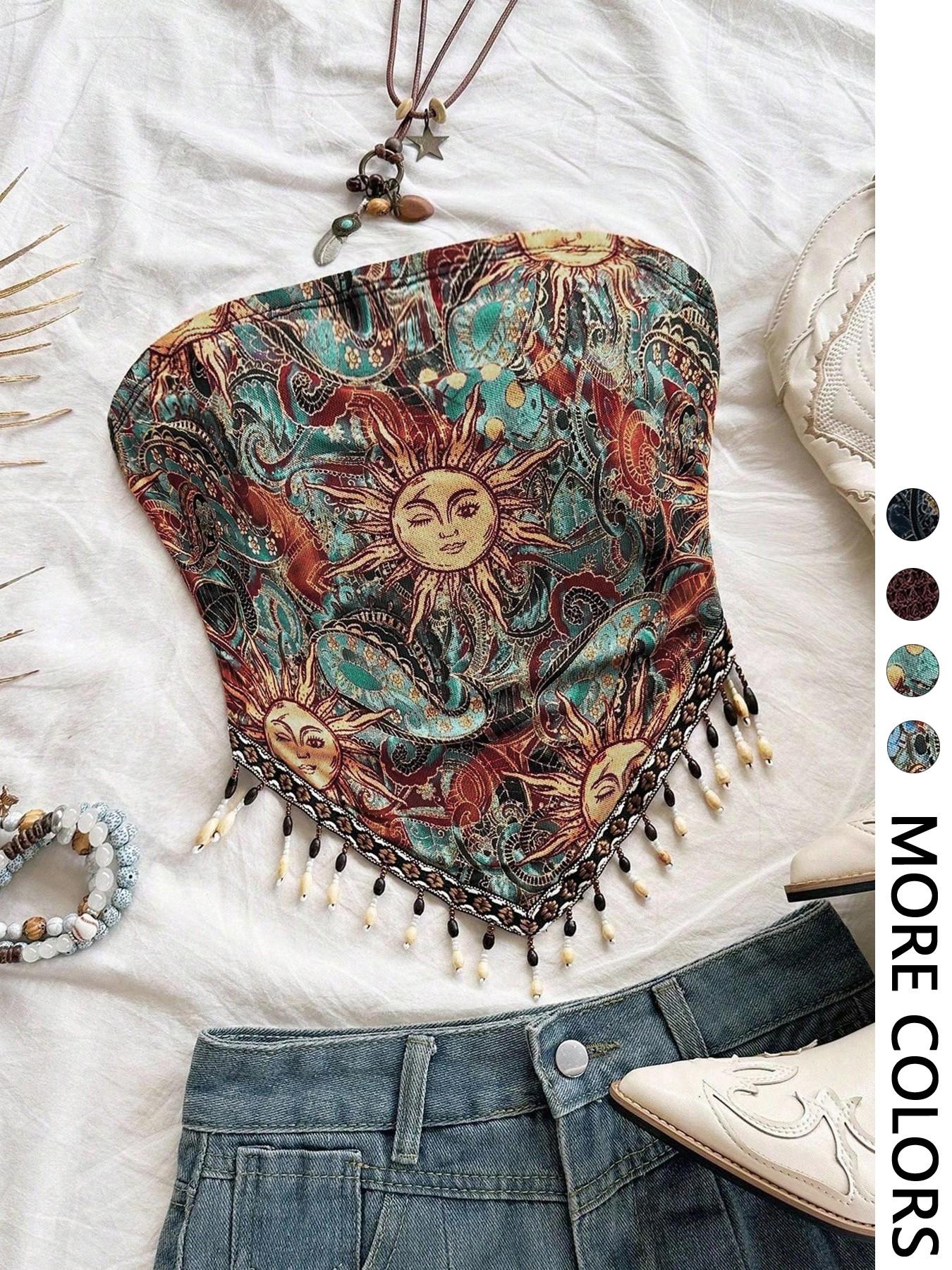 Beaded Trim Fringe - Ladies' 1pc Printed Mesh Knitted Tube