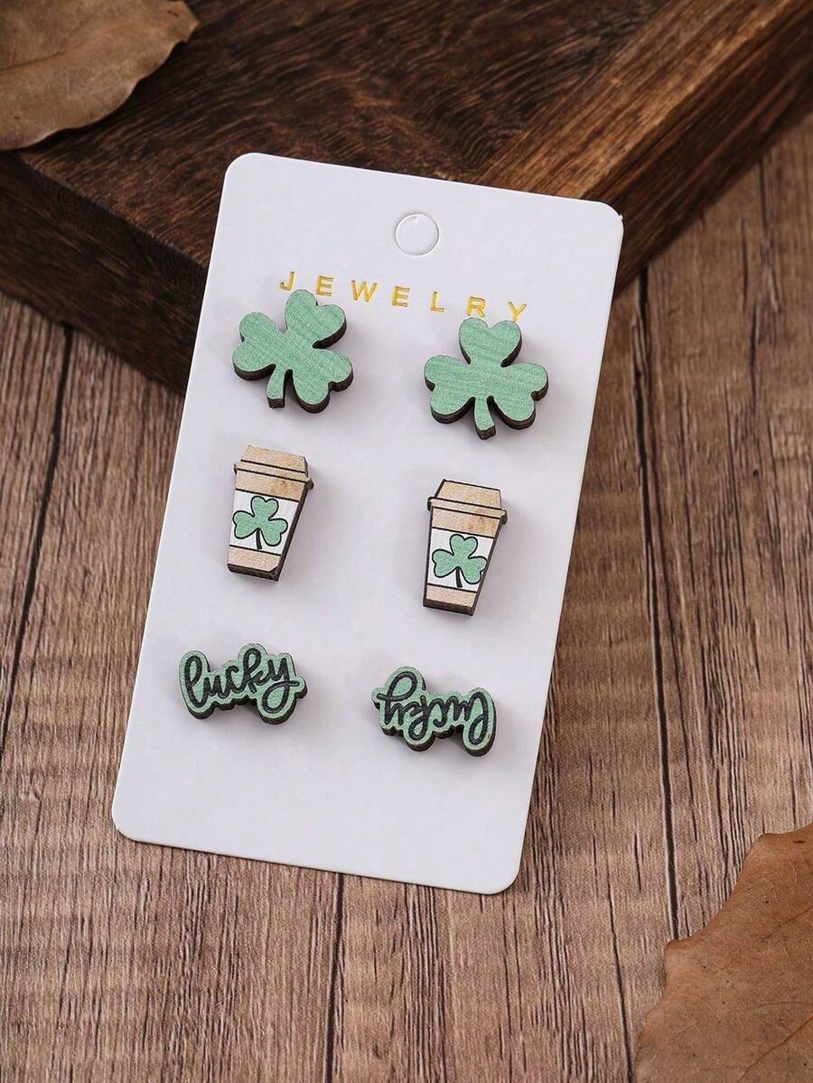 Iron On Stud Set - KWHY 3 Pairs/Set Fashionable Wooden Clover