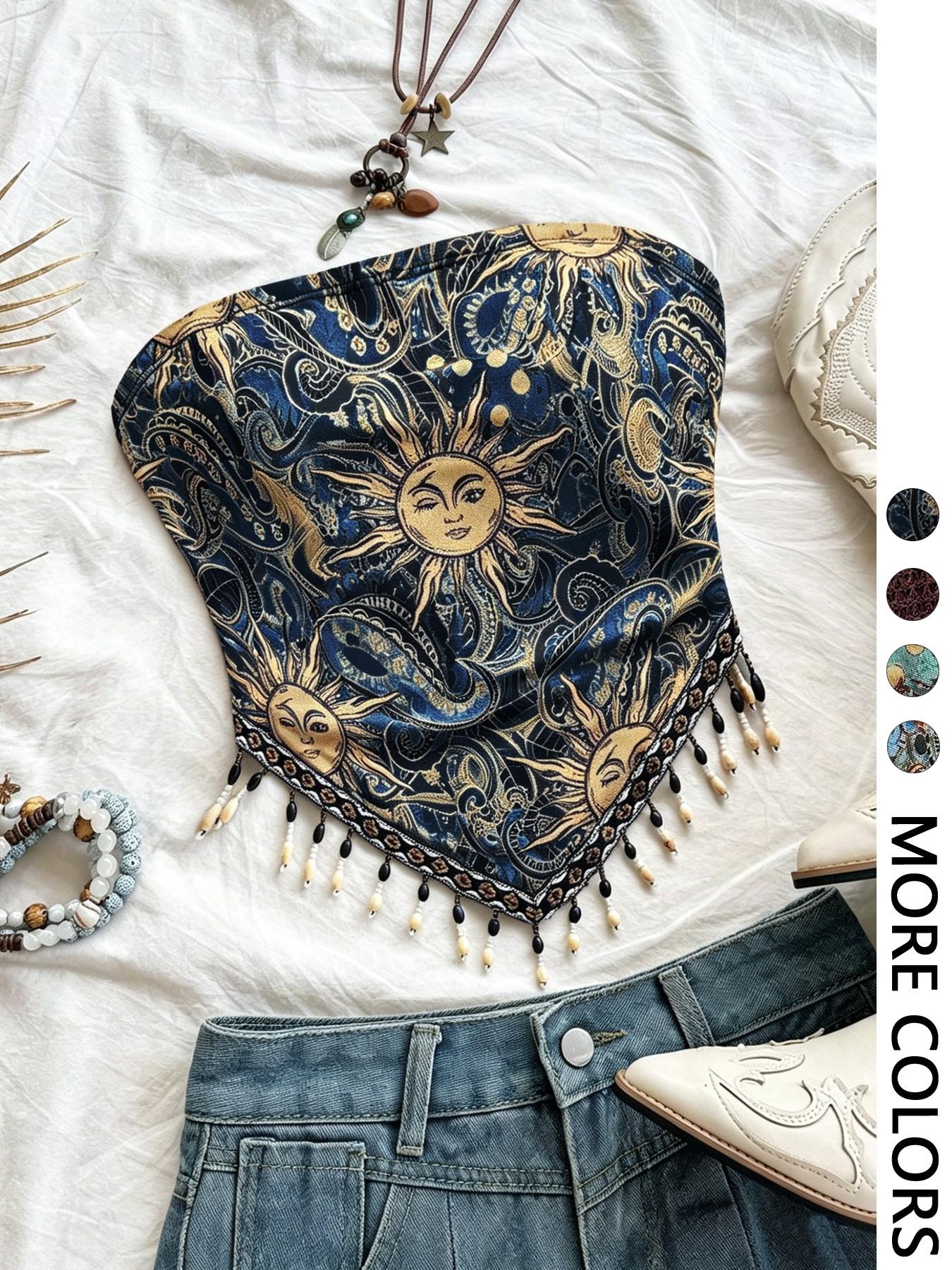Ladies' 1pc Printed Mesh Knitt – Beaded Trim Fringe Bewertung und Preis