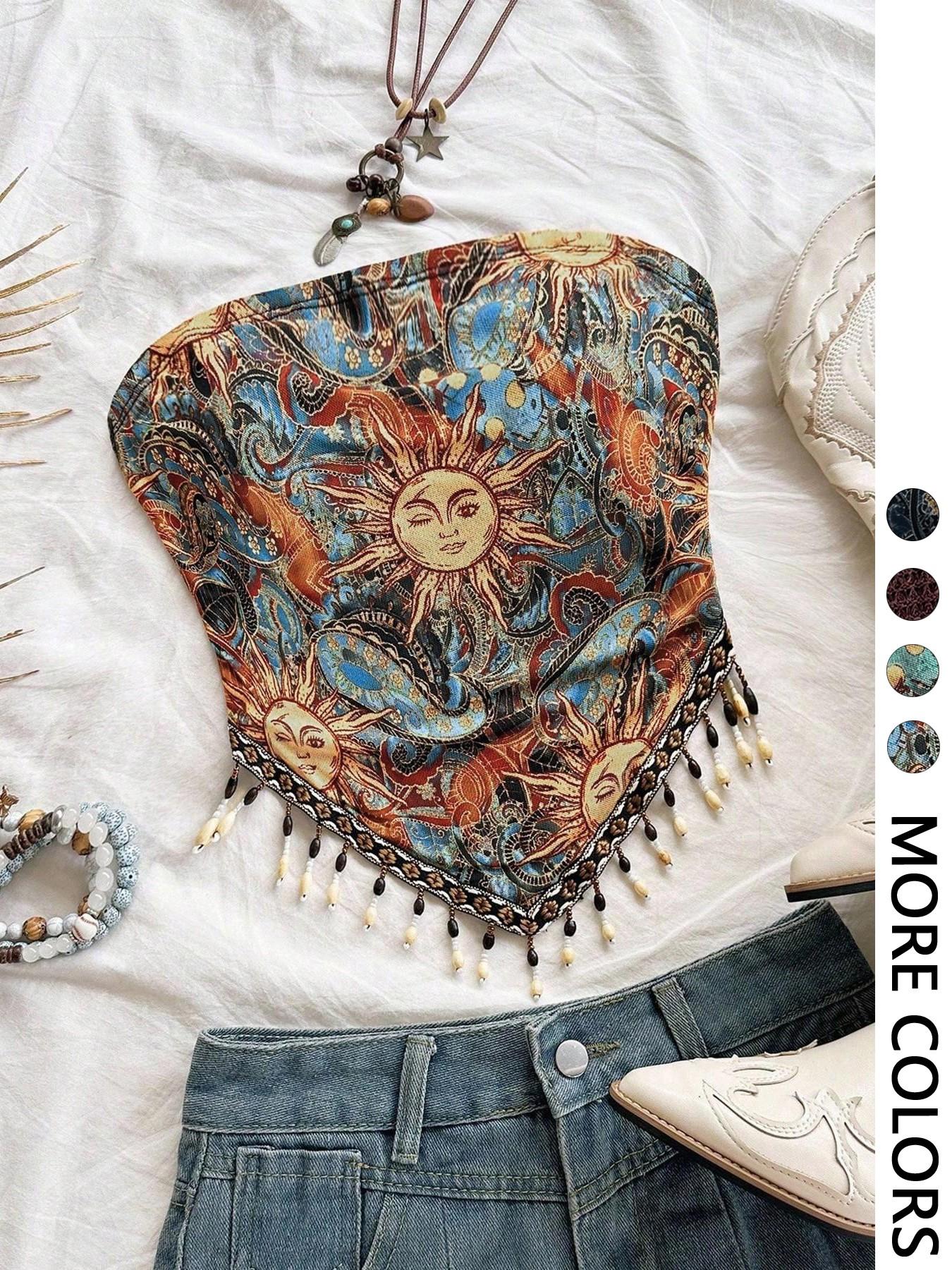 Ladies' 1pc Printed Mesh Knitt – Beaded Trim Fringe Bewertung und Preis