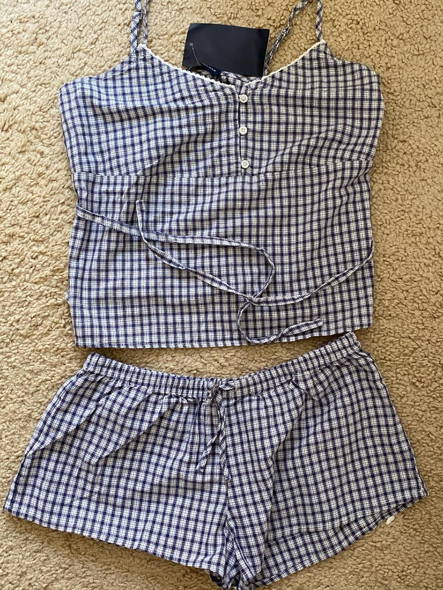 Navy Plaid Tank Shorts 2 Piece – Elastic Lace Trim Bewertung und Preis