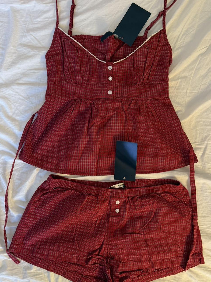 Red Plaid Buttons Tank Shorts  – Elastic Lace Trim Bewertung und Preis