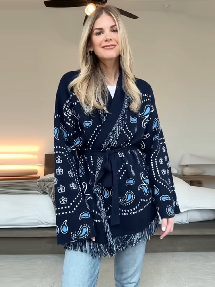 Elegant Print Tassel Cardigan  – Tassel Fringe Trim Bewertung und Preis