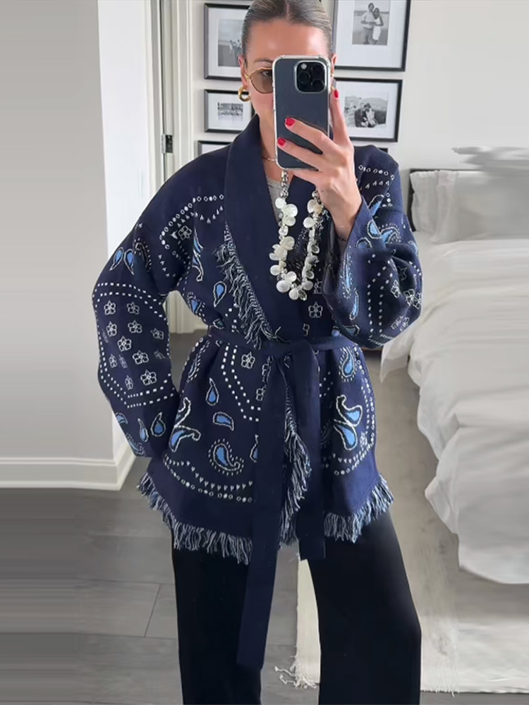 Elegant Print Tassel Cardigan  – Tassel Fringe Trim Bewertung und Preis